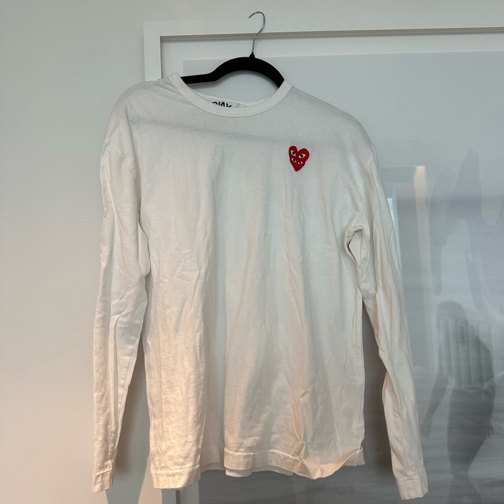 Comme des Garcons White Long Sleeve with Red Heart Emblem